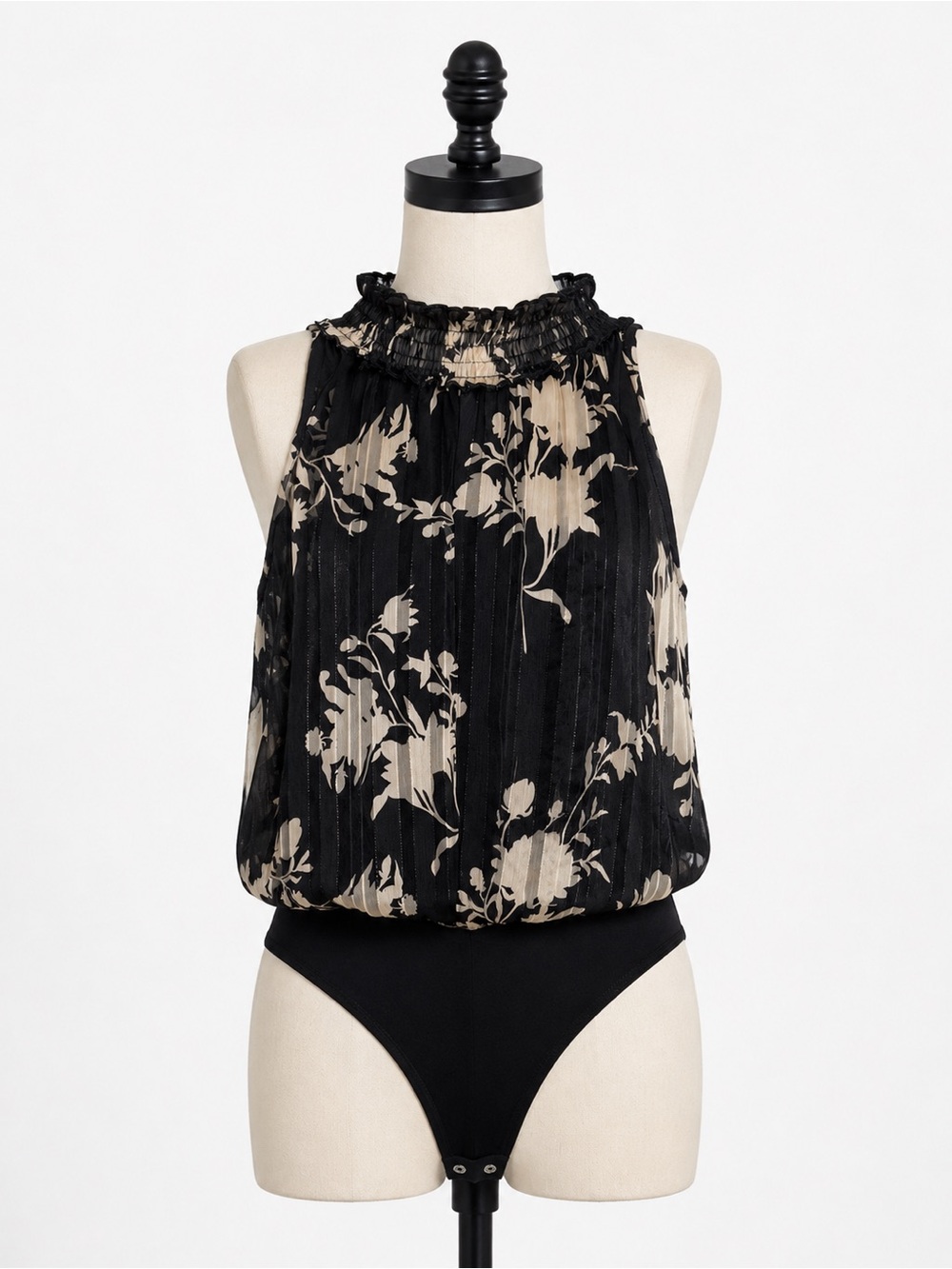 Peach Love California Black & Cream Floral Smocked-Neck Bodysuit